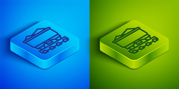 煤车图标被隔离在蓝色和绿色的背景上。铁路运输。方形按钮。向量图片下载