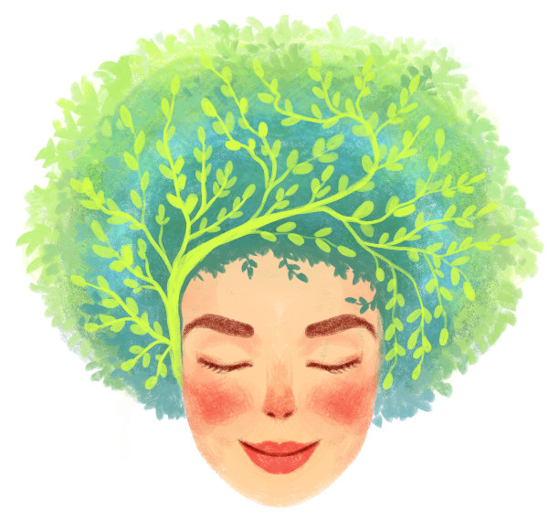 Eco肖像。可爱的漂亮女孩有草和树，而不是头发。生态思想，与自然和谐，冥想图片下载