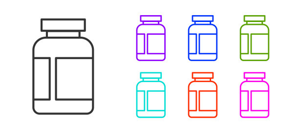 黑线运动营养健美蛋白饮料和食品图标孤立在白色背景。设置图标丰富多彩。向量图片下载