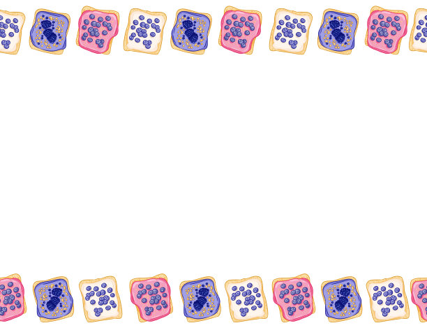 吐司面包三明治漫画风格无缝边界图案。涂着糖霜的三明治和蓝莓涂鸦墙纸。早餐食品背景砖图片下载