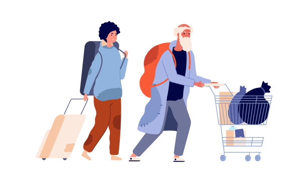 无家可归的字符。难民男人女人，穷人和东西。流浪一族，老年男性和年轻女性矢量插图图片下载