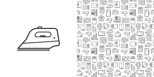 铁的图标和矢量无缝模式与家用电器。白色背景上的线条样式图标图片下载