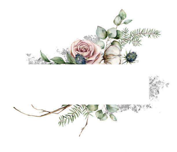 水彩圣诞框架银箔，粉红玫瑰，棉花，蓝色蓟和桉树。手绘节日贺卡孤立在白色背景。插图设计，印刷或背景。图片下载