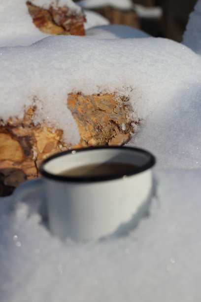 冬天下雪的时候，在户外喝一杯热茶。新鲜空气霜冻野餐，热饮图片下载