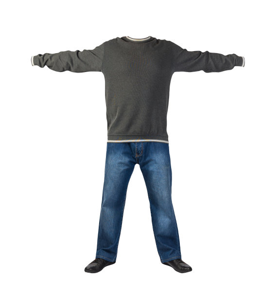 蓝色牛仔裤，运动衫和皮鞋孤立在白色背景。图片下载