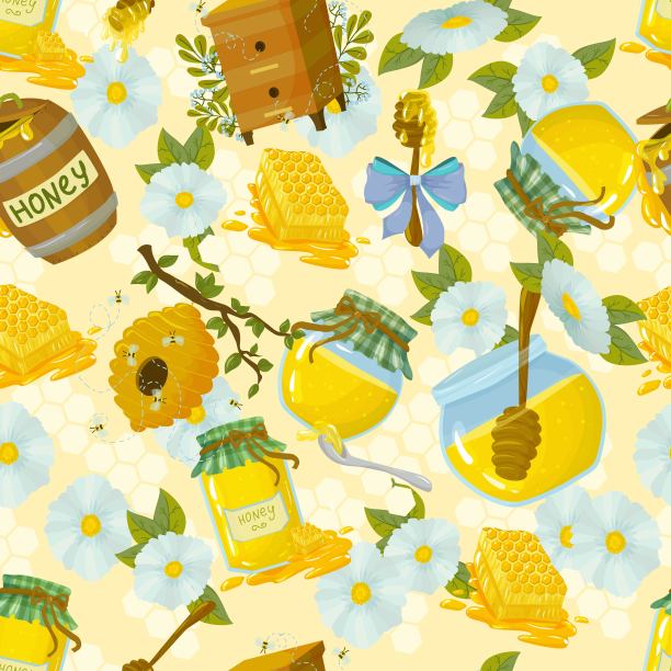 美丽的对象图案手绘涂鸦风格。黄色和灰色。天然蜜蜂蜂蜜，蜜蜂和各种坛子。矢量插图孤立在白色背景。图片下载