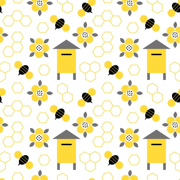 蜂蜜无缝模式与蜜蜂，花，蜂窝，蜂窝孤立在白色背景。图片下载
