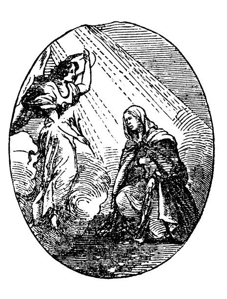 与仙女或天使交谈的女人的古董绘画或雕刻图片下载