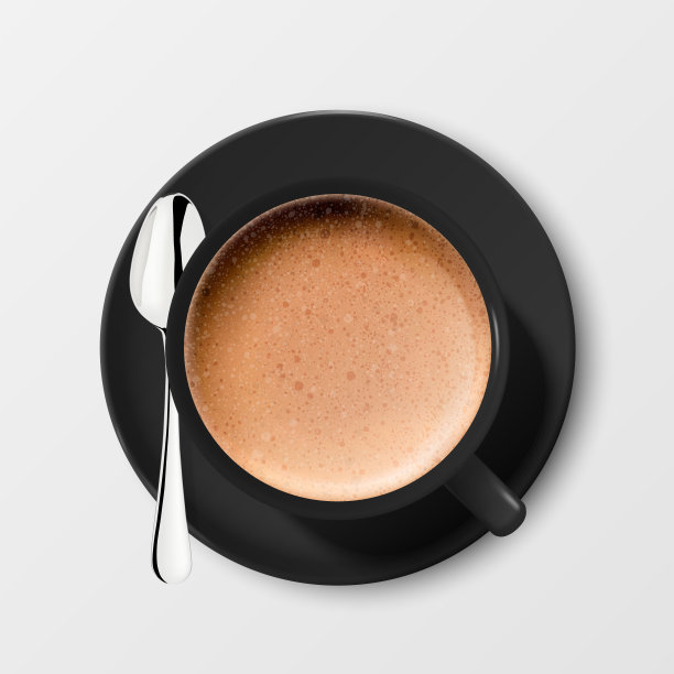矢量3d现实黑瓷陶瓷杯，牛奶咖啡，泡沫，心形图案。钢银勺，碟孤立。卡布奇诺,拿铁咖啡。设计模板的模型。俯视图图片下载
