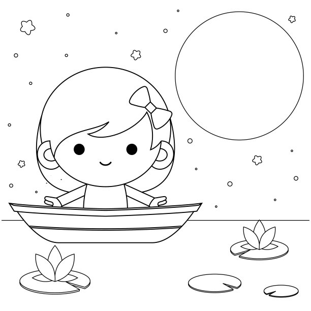 儿童涂色书。晚上船上的可爱小女孩图片下载