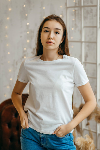 时尚女孩穿着白色t恤在工作室摆姿势图片下载