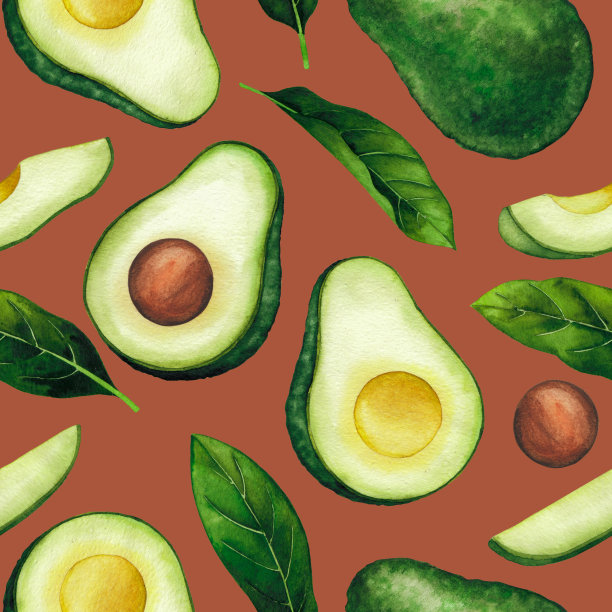 水彩无缝图案的牛油果和叶子图片下载