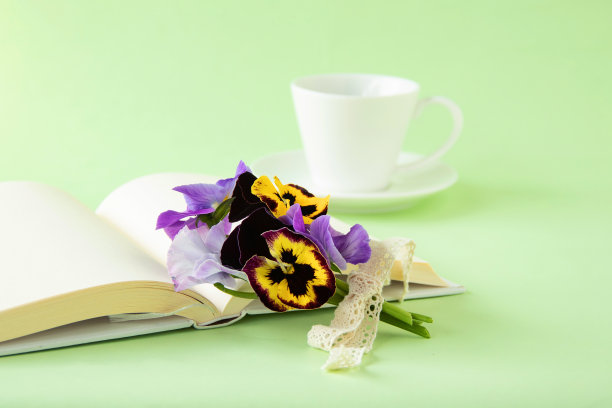 三色堇花束，书和咖啡图片下载