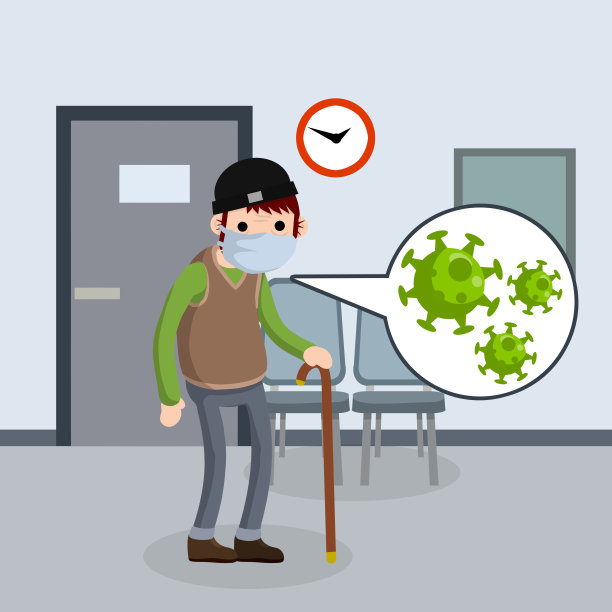 戴医用口罩的老人在医院。coronovirus检疫。临床治疗病毒。接待病人。高级和甘蔗。卡通平面插图图片下载