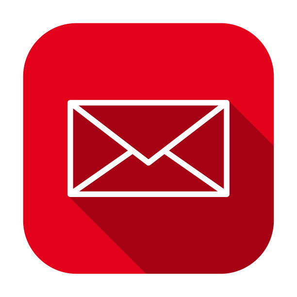 红色扁圆形方形信封轮廓图标，按钮与长阴影。图片下载