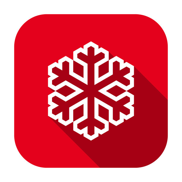 红色扁平圆形正方形雪花轮廓图标，按钮与长阴影。图片下载