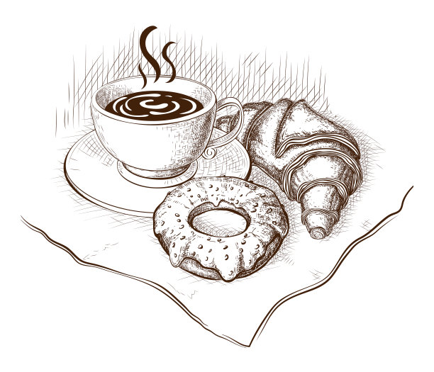 咖啡，羊角面包和甜甜圈的图纸，矢量插图孤立在白色。热腾腾的咖啡或茶的速写与新鲜的糕点，复古雕刻风格。甜蜜早餐，晨间时间设计元素。图片下载