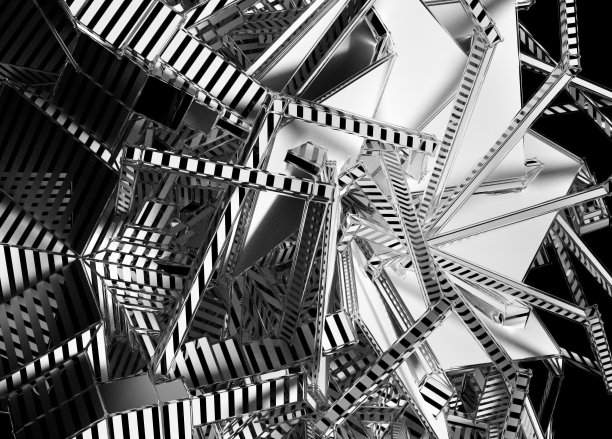 抽象黑白单色3d背景的3d渲染，部分超现实的工业风格分形框架与条纹图案的表面塑料和金属铝材料图片下载