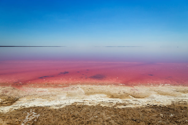 美丽的粉红色湖泊与盐水处理。图片下载