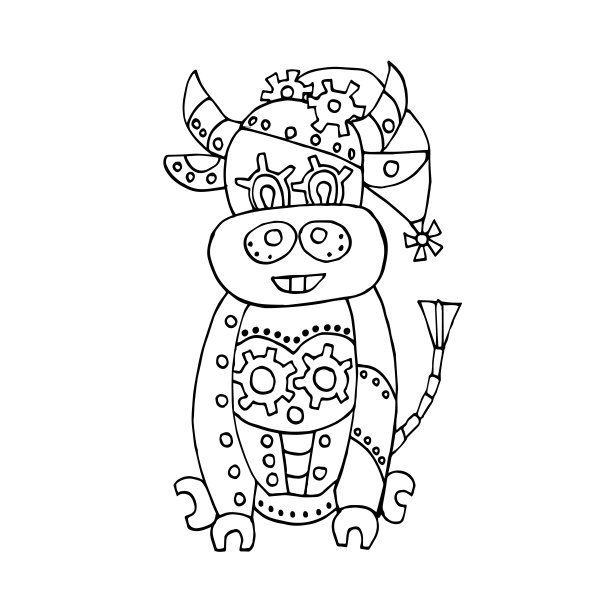 牛是中国生肖中2021年的象征。蒸汽朋克风格的公牛。机械的动物。儿童涂色书。矢量插图。东部的星座。金属水牛孤立在一个白色。线性图图片下载