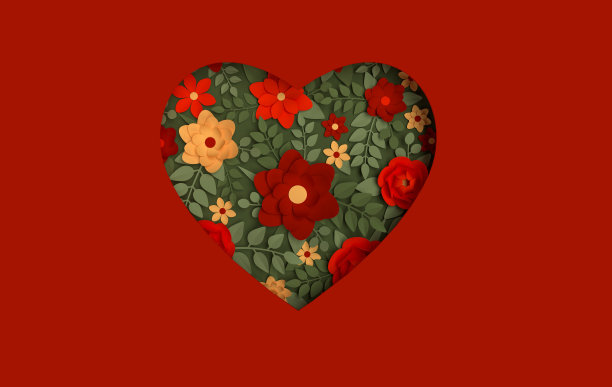纸上优雅的花在红色的背景。情人节，复活节，母亲节，结婚贺卡。3d渲染春天或夏天的花朵插图在纸艺术风格，心形图片下载
