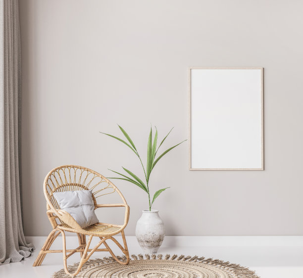 室内框架模拟在时尚的客厅与天然木制家具图片下载