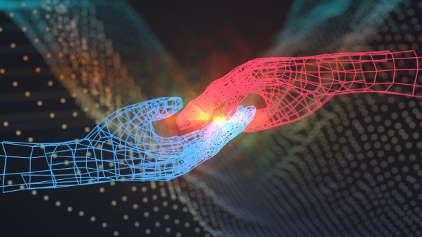 两只手在虚拟空间中接触。虚拟现实、人工智能概念。数字3 d渲染。图片下载