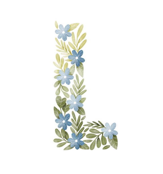字母L花的字母，有蓝色的花和绿色的叶子图片下载
