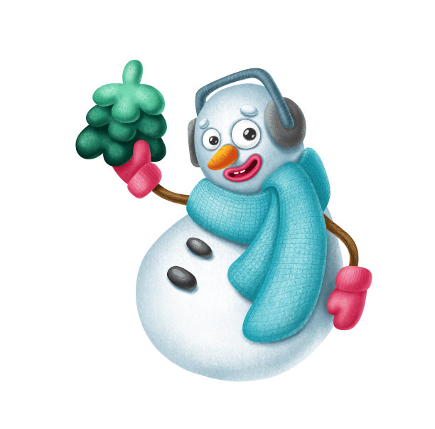 可爱快乐的雪人戴着围巾，戴着温暖的耳机，手里拿着一棵小圣诞树。新年卡通插图孤立在白色上图片下载