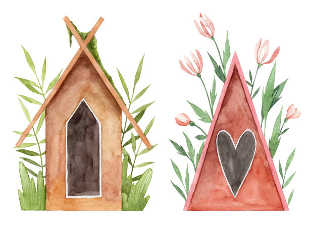 水彩手绘鸟屋与花卉图片下载