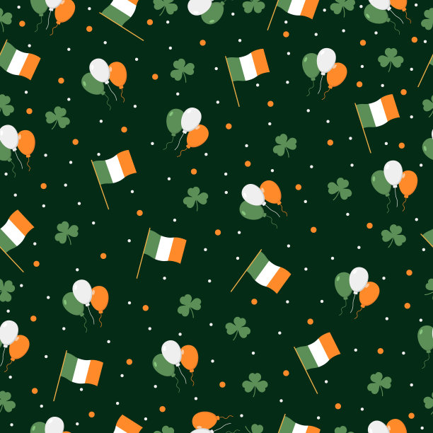 圣帕特里克节无缝图案爱尔兰国旗，三叶草，爱尔兰国旗气球在绿色的背景。贺卡矢量图标，包装纸和墙纸矢量插图。图片下载