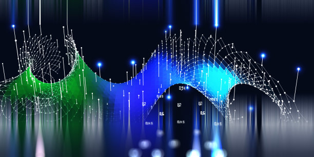 大数据。抽象多边形未来主义背景与波浪色网格，数据和模糊的线在黑色。商业、科技旗帜。图片下载