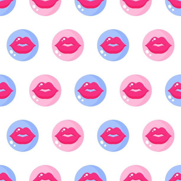 在婚礼或情人节上，用粉色和蓝色的圆圈画出嘴唇和亲吻的无缝图案。图片下载