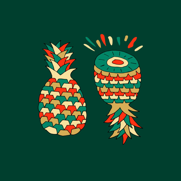 绘制矢量插图与彩色菠萝。图片下载