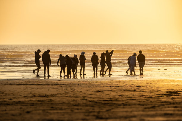日落时一群人聚集在海滩上的剪影图片下载