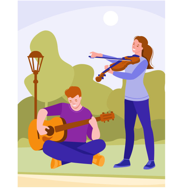 音乐家们正在公园里演奏。小提琴手和吉他手。矢量插图在平面卡通风格。图片下载