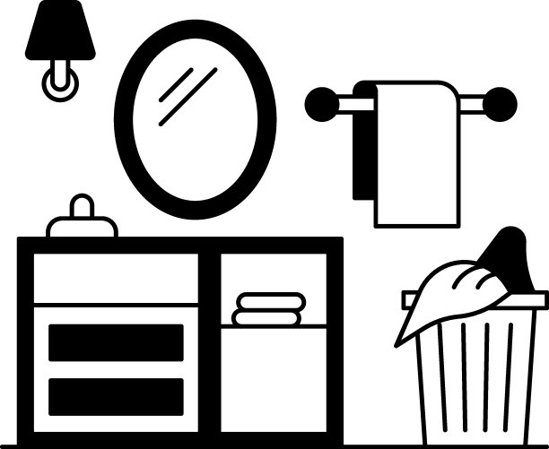 洗手台配镜子，挂毛巾和洗衣篮矢量字形图标设计，洗衣房室内设计理念，图片下载