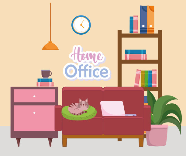 家庭办公室室内沙发笔记本电脑猫植物书架和时钟图片下载
