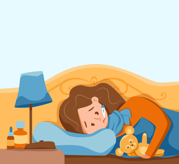 生病的儿童与温度计在口矢量插图。不开心的小女孩因病毒或感冒感到不适，头痛，躺在家里的床上测量体温。图片下载