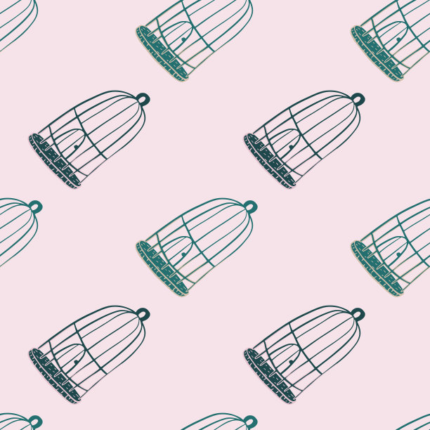 装饰内饰用复古绿色无缝图案鸟笼点缀。亮粉红色背景。图片下载