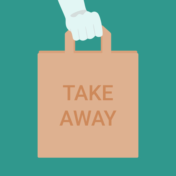 手在手套持有生态纸包裹与铭文拿走。冠状病毒爆发期间的外卖食品。包装食品，提供在线配送服务。矢量图图片下载