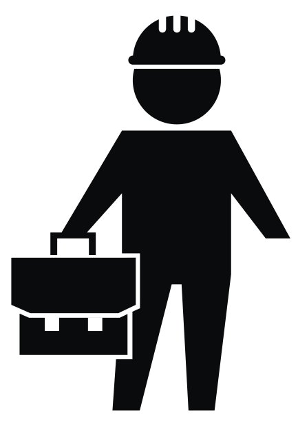 戴着包和头盔的工人，黑色矢量图标图片下载