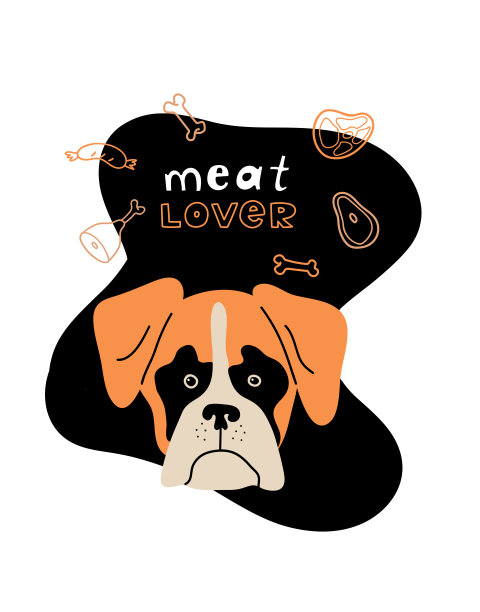 向量肖像的鲍克瑟。卡通插图与狗，香肠，骨头，肉和字母“肉爱好者”印刷，海报，贴纸或卡片。图片下载