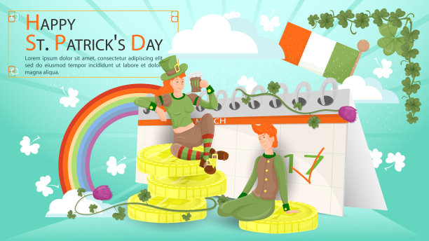 一个女孩拿着一杯啤酒，一个男孩坐在一堆金币上，背景是一个日历，上面写着日期图片下载