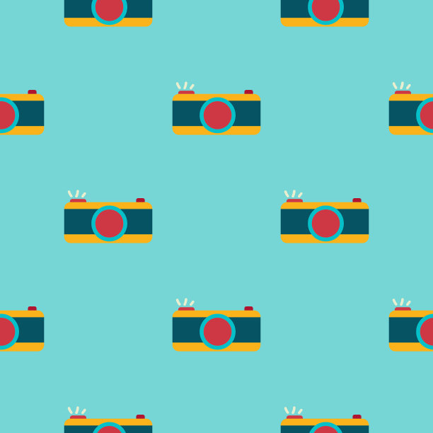 复古时尚的相机无缝重复的背景图案，在柔和的蓝绿色和黄色的颜色。平面设计风格图片下载