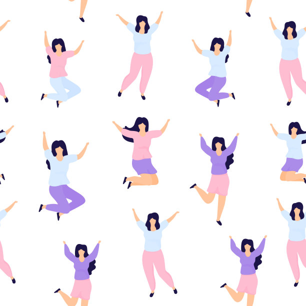 国际妇女节无缝模式。姐妹关系。一群年轻快乐的女孩举手跳跃。图片下载