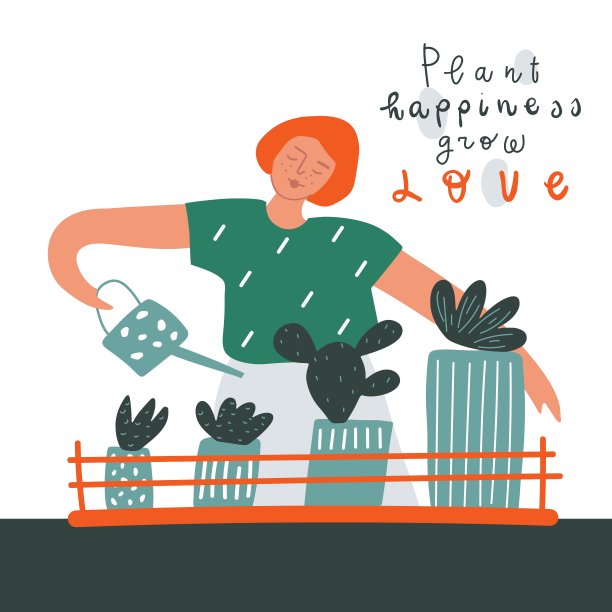 手绘妇女与喷壶，植物在花盆在架子上。文本字体风格。矢量图图片下载