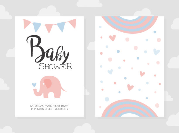 婴儿淋浴邀请卡片模板在帕斯特尔颜色，海报，贺卡，旗帜设计卡通矢量插图图片下载