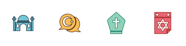 设置穆斯林清真寺，星星和新月，教皇帽和犹太日历图标。向量图片下载