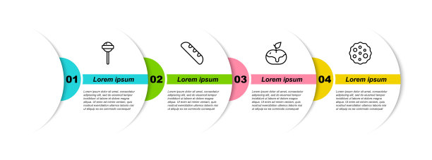 棒棒糖，法式长棍面包，焦糖苹果和饼干或饼干。业务信息模板。向量图片下载